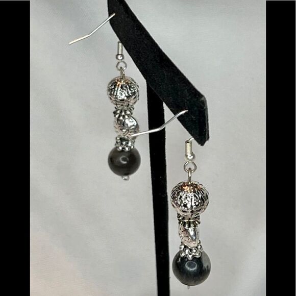Silver Tone Dangle Earrings with Amazonite and Textured and Embossed Beads- NEW - Picture 4 of 4